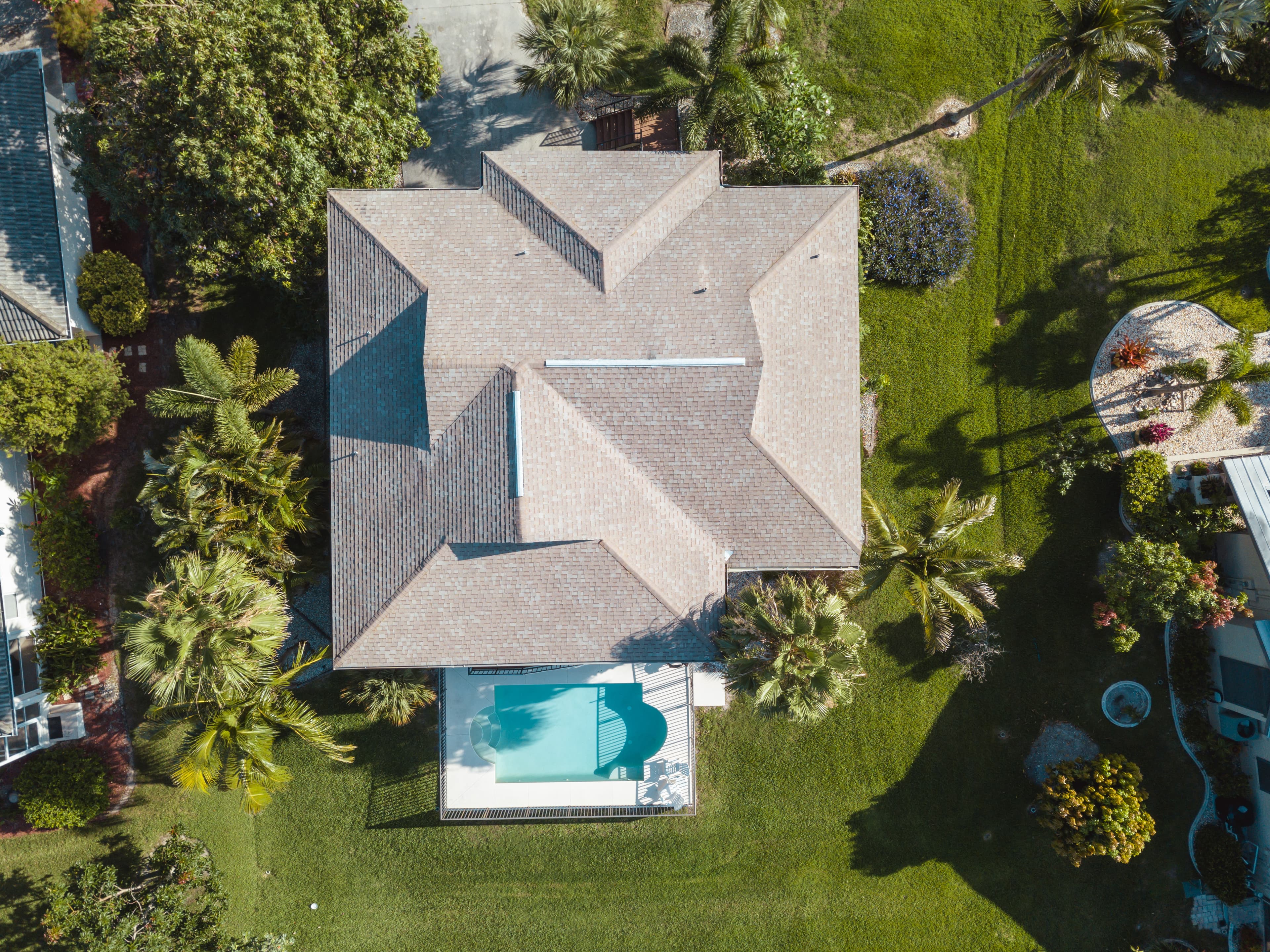 Aerial drone view of a finished residential roof in South Florida